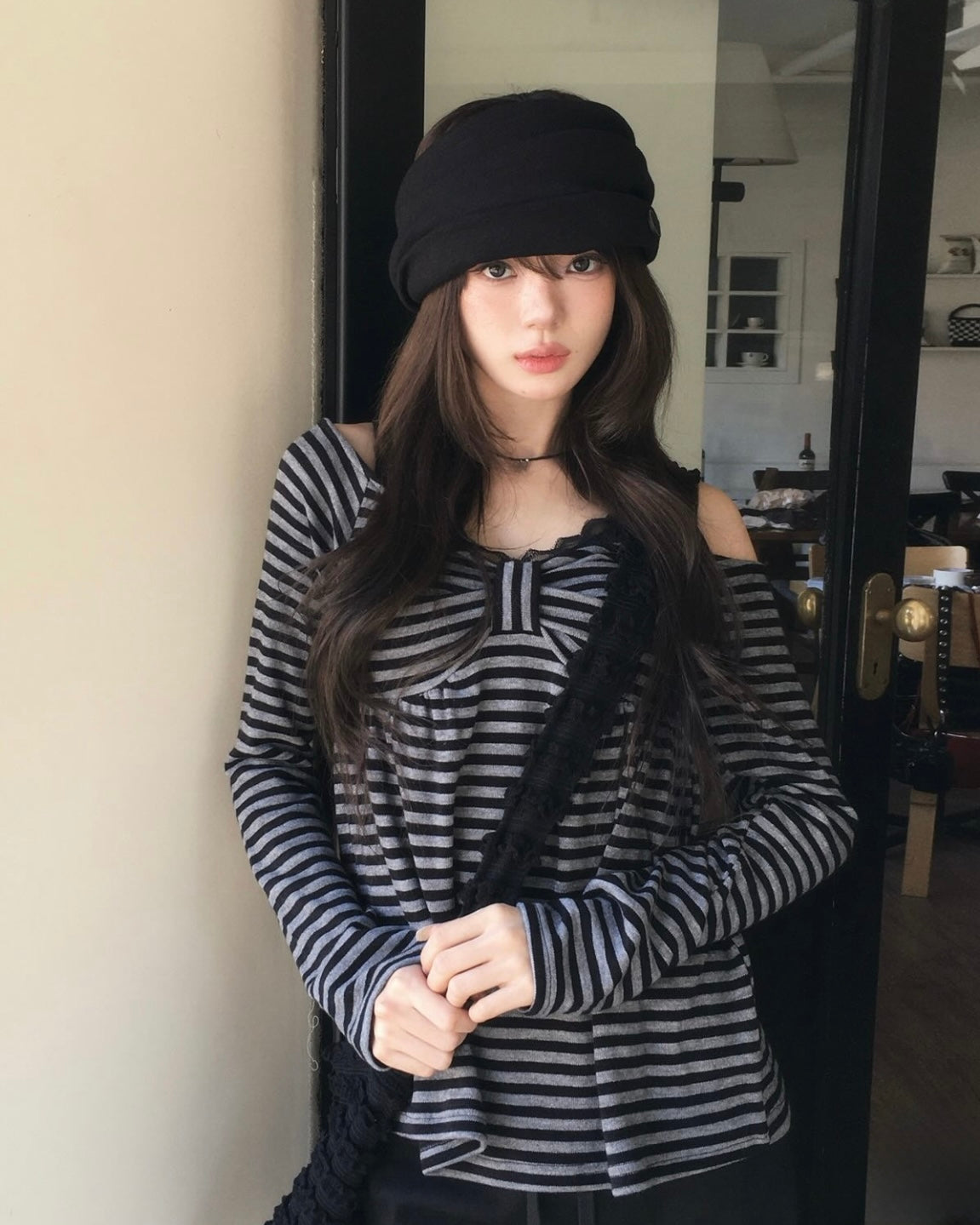 Ribbon Chest Design Off Shoulder Striped Top