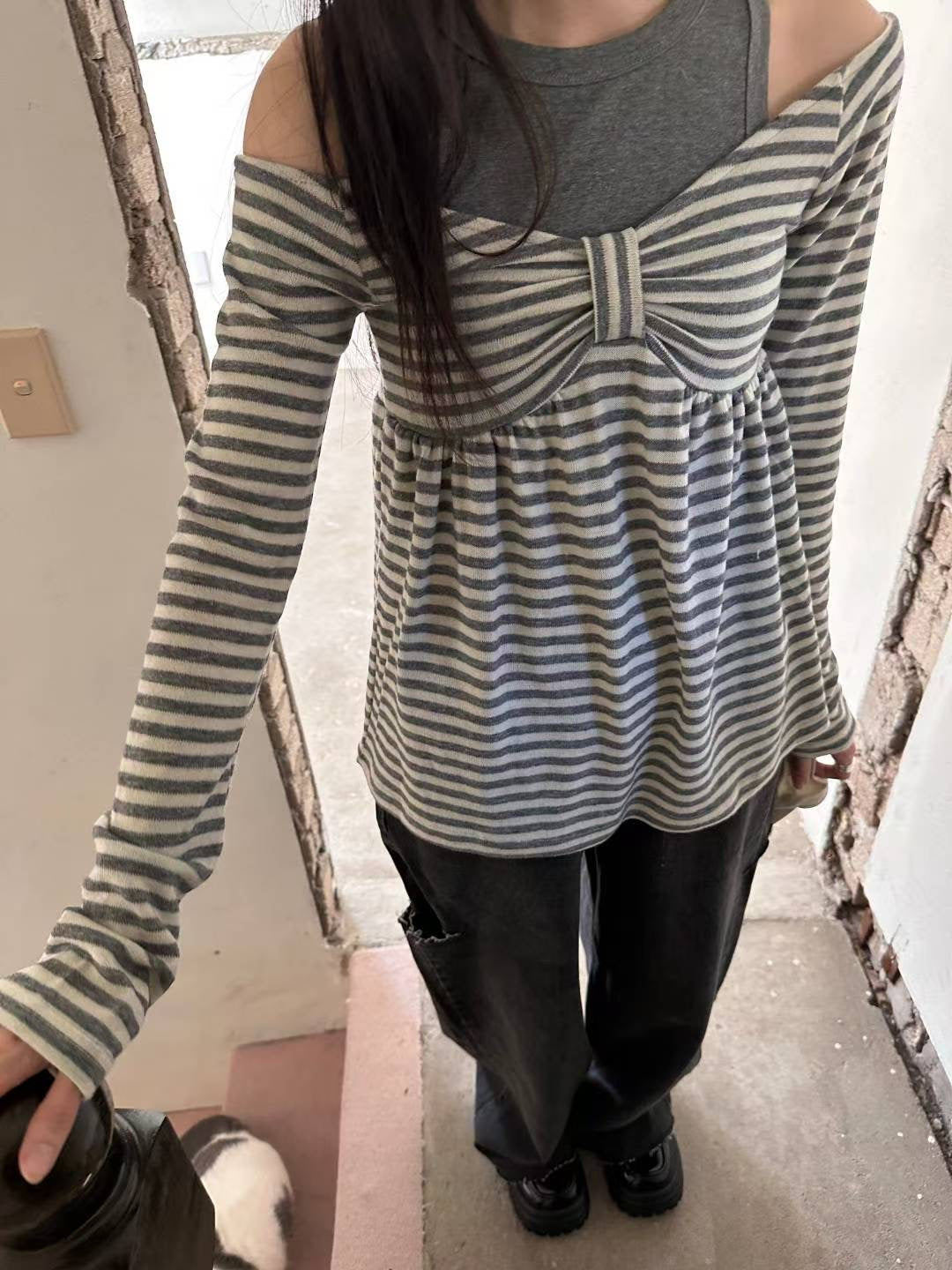 (DEC NEW) Ribbon Chest Design Off Shoulder Striped Top