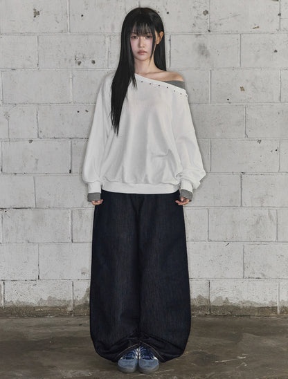 [LOOXP] Angel Wing Washed Back Pocket Balloon Wide Denim Pants Raw Denim Navy