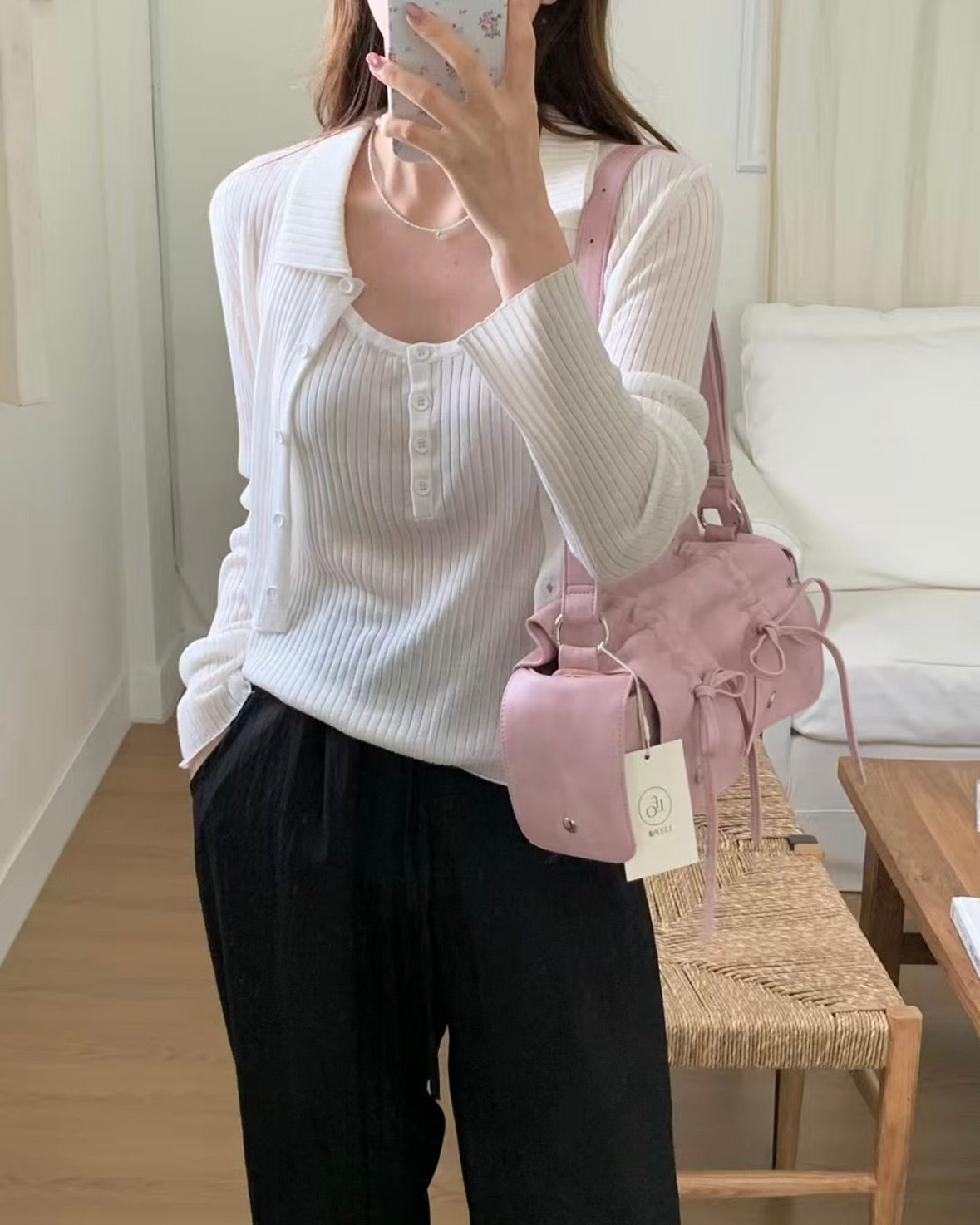 Pink Designer Brand Ribbon Leather Shoulder Bag (Large/Mini)