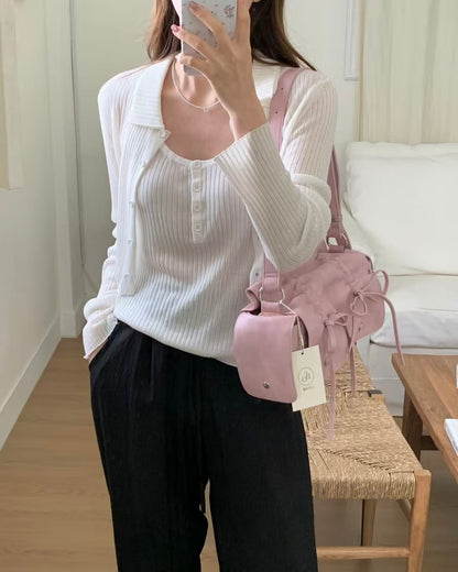 Pink Designer Brand Ribbon Leather Shoulder Bag (Large/Mini)