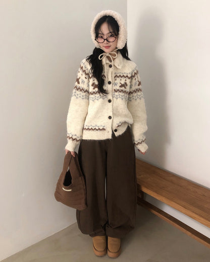 Nordic Rabbit Pattern Wool Knit Polo Cardigan