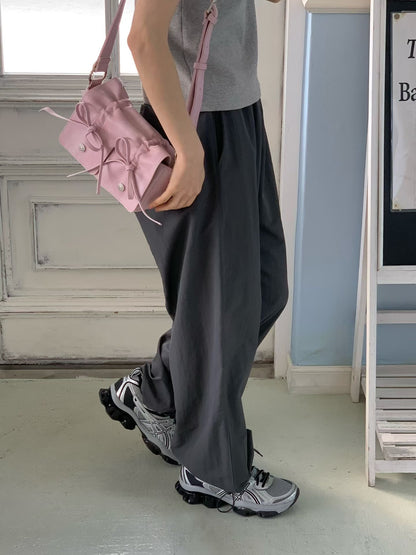 Pink Designer Brand Ribbon Leather Shoulder Bag (Large/Mini)