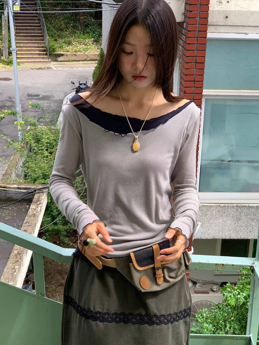 (Preorder) Contrast Off-shoulder Loose-fit Drape Layered Frill Long-sleeve T-shirt