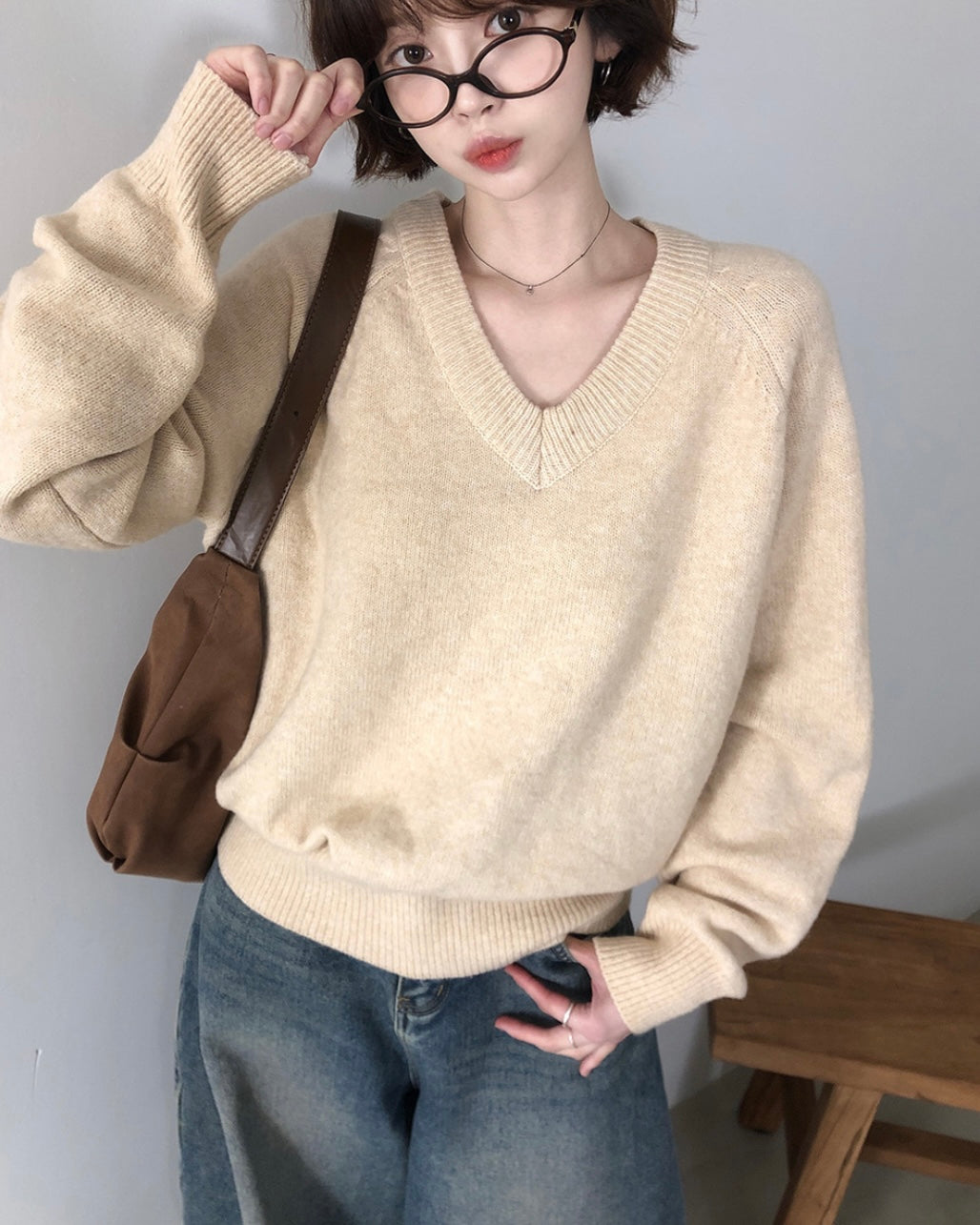 V neck Wool Blend Spring knitwear