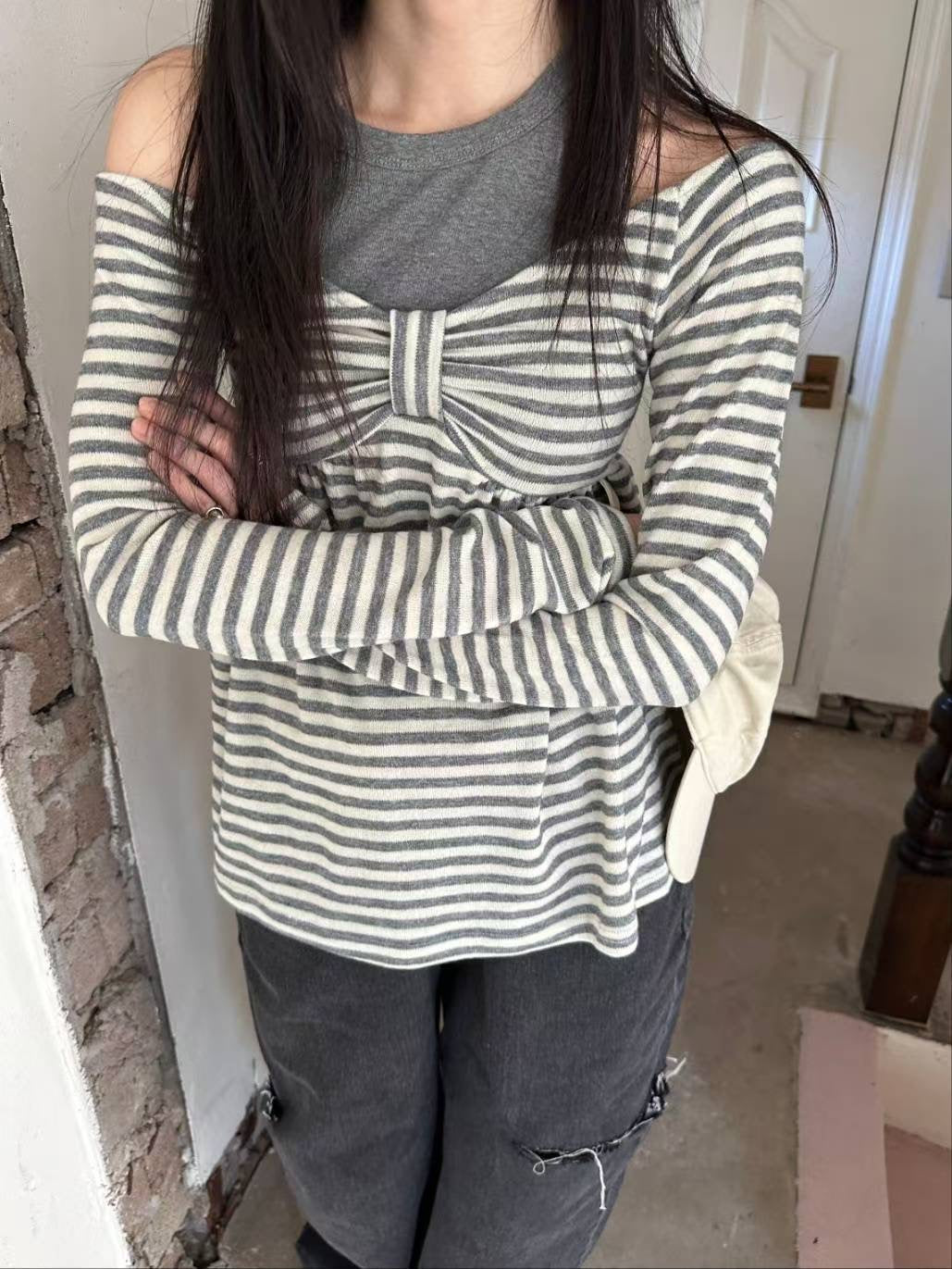 (DEC NEW) Ribbon Chest Design Off Shoulder Striped Top