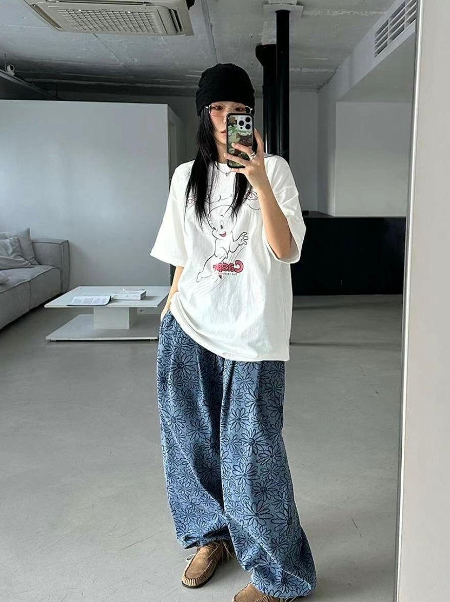 Unisex Floral pigment print loose-fit cotton one size pants