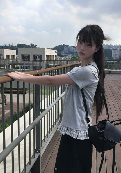 Pretty Check Color Layer Fake Cardigan Top