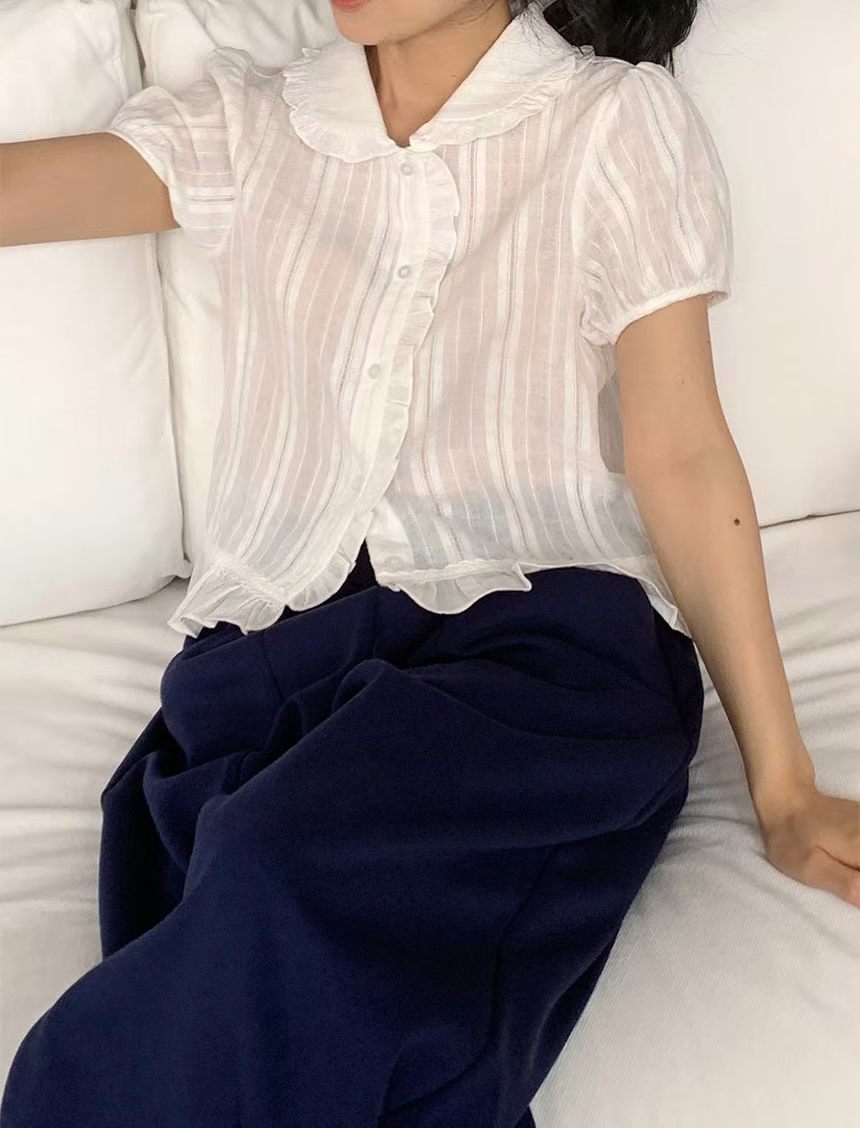 Dolly Button Up Layered Frill Collar Short Sleeve Blouse