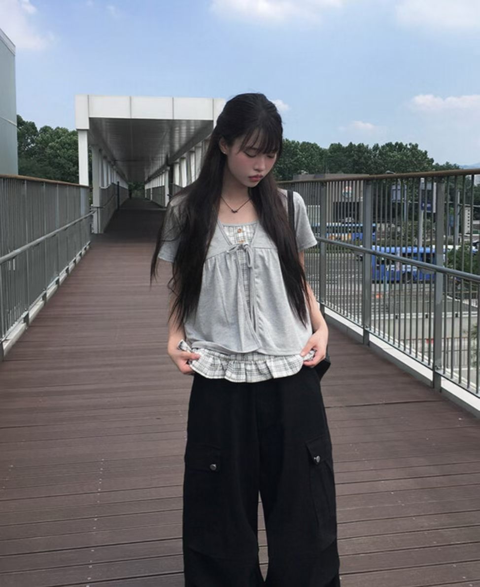 Pretty Check Color Layer Fake Cardigan Top