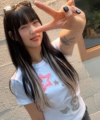 [Ambler] Angel & Star Elements Check Patch Short Sleeve T-shirt (Oversized/ Crop/ 2 Colours)