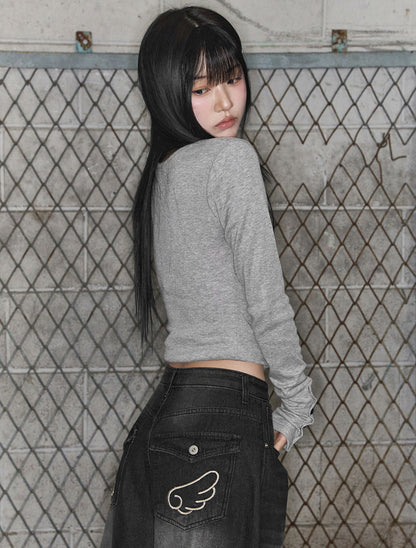 [LOOXP] Angel Wing Washed Back Pocket Balloon Wide Denim Pants Black Denim