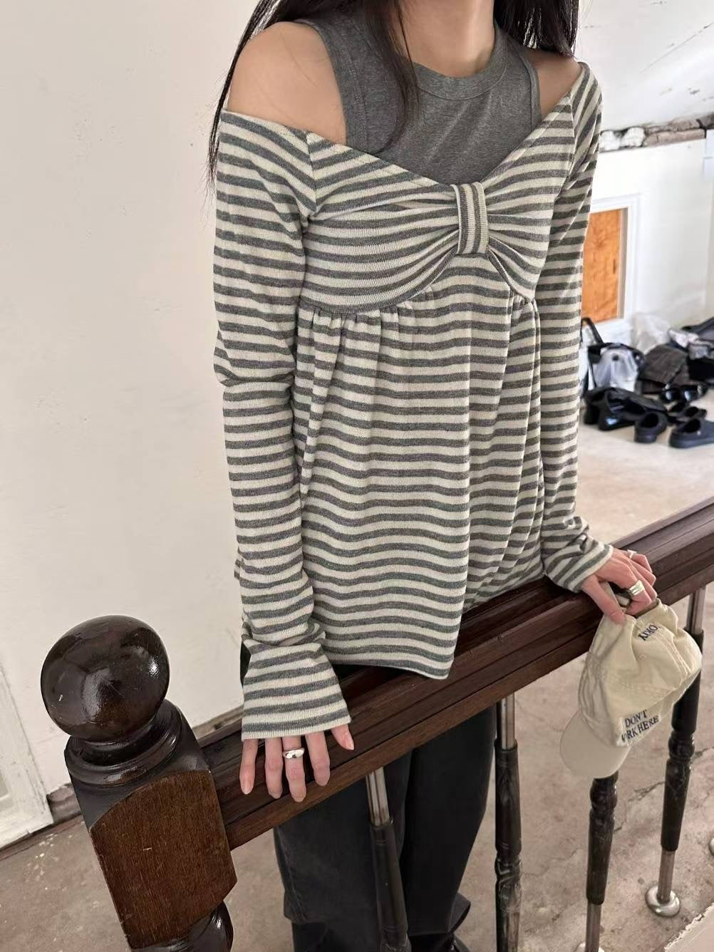 (DEC NEW) Ribbon Chest Design Off Shoulder Striped Top