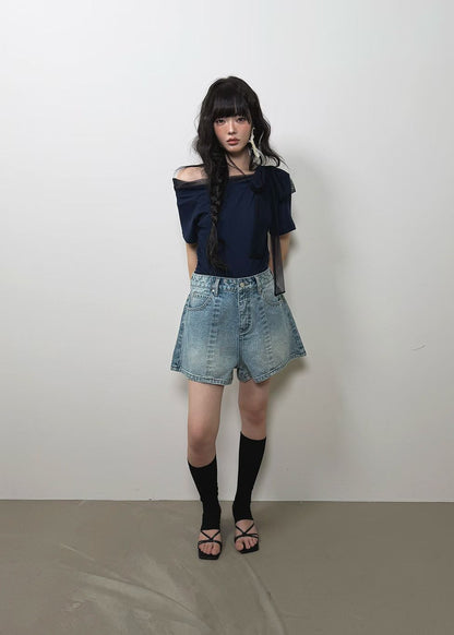 High End Mesh Asymmetrical Bow Off Shoulder Top(3Colours)