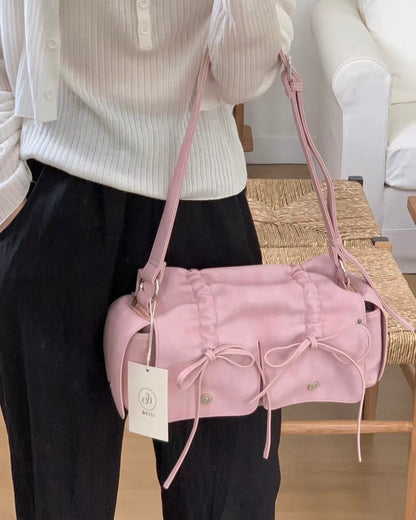 Pink Designer Brand Ribbon Leather Shoulder Bag (Large/Mini)