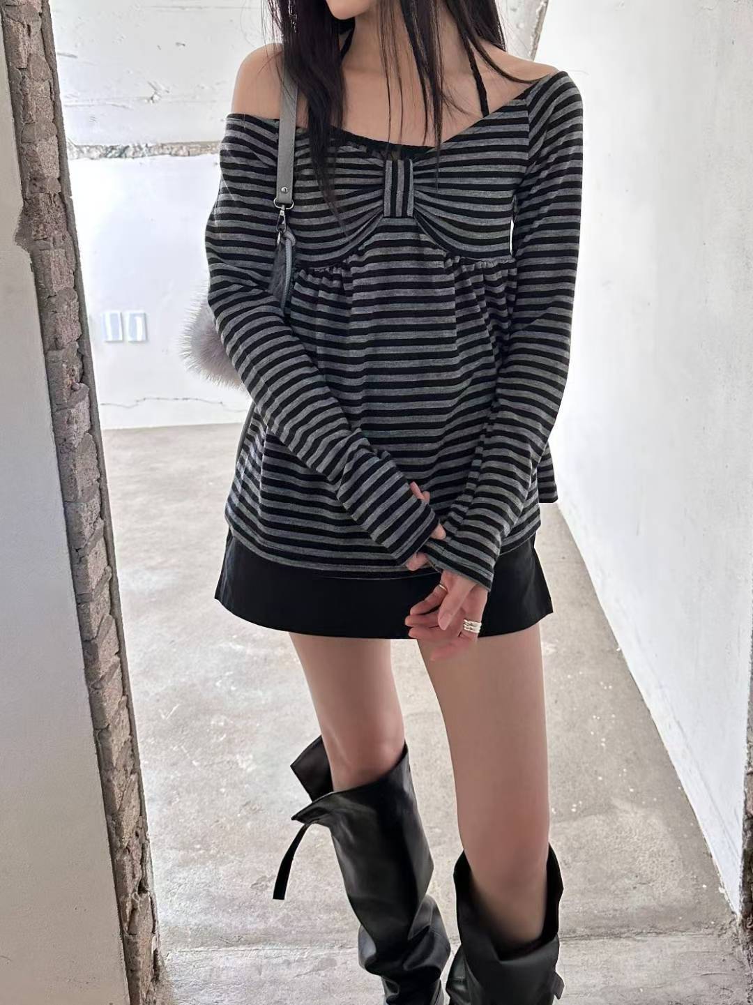 (DEC NEW) Ribbon Chest Design Off Shoulder Striped Top