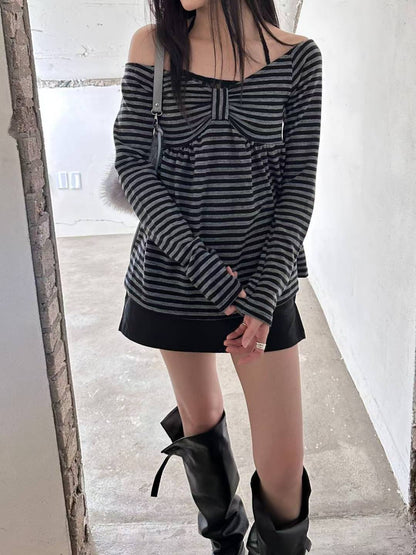 (DEC NEW) Ribbon Chest Design Off Shoulder Striped Top