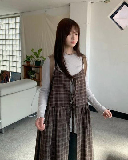 Ribbon Check 2 Way Layering Long Dress Ops