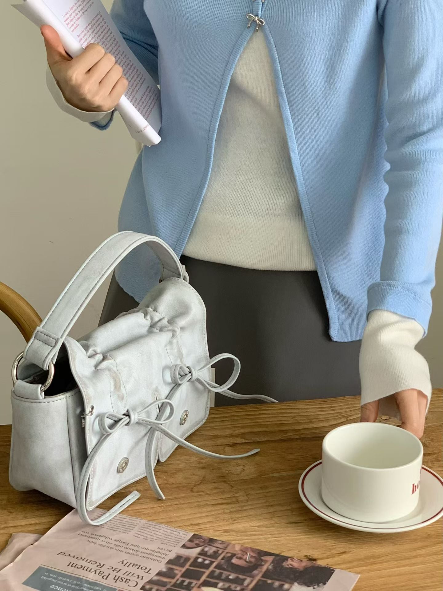 Grey Designer Brand Ribbon Leather Shoulder Bag (Large/Mini)