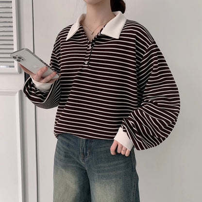 Collar striped long-sleeve top
