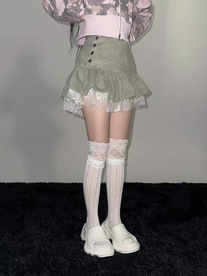Lace Hem Trim Button Detail Mini Skirt (2 Colours)