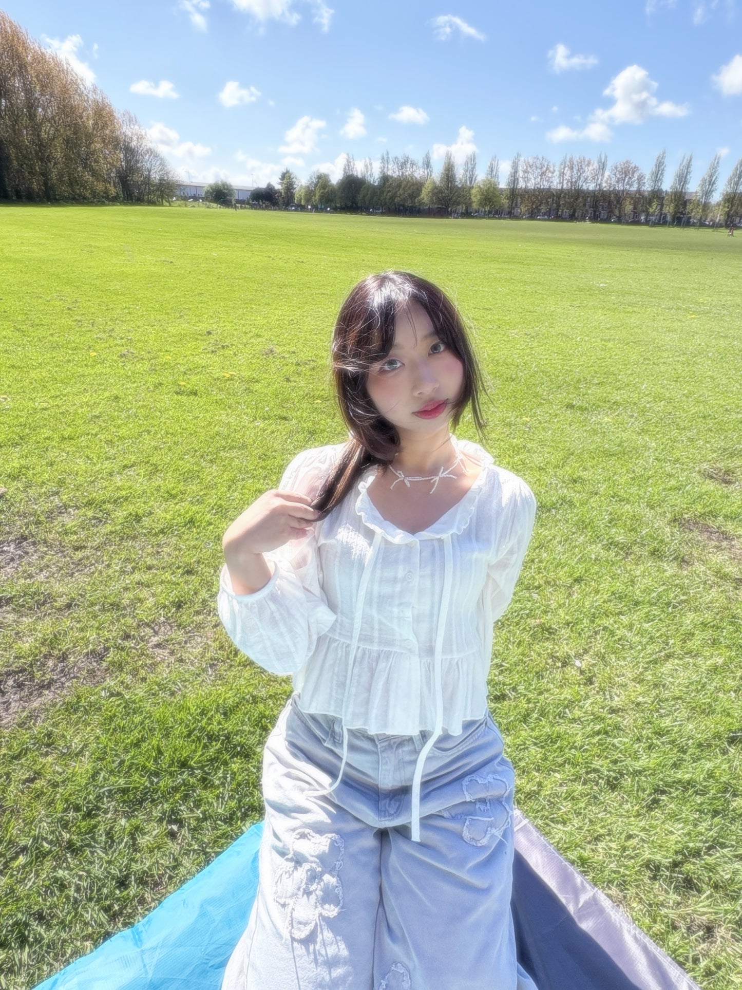 Ruffle Hem Long Sleeve Blouse with Ties