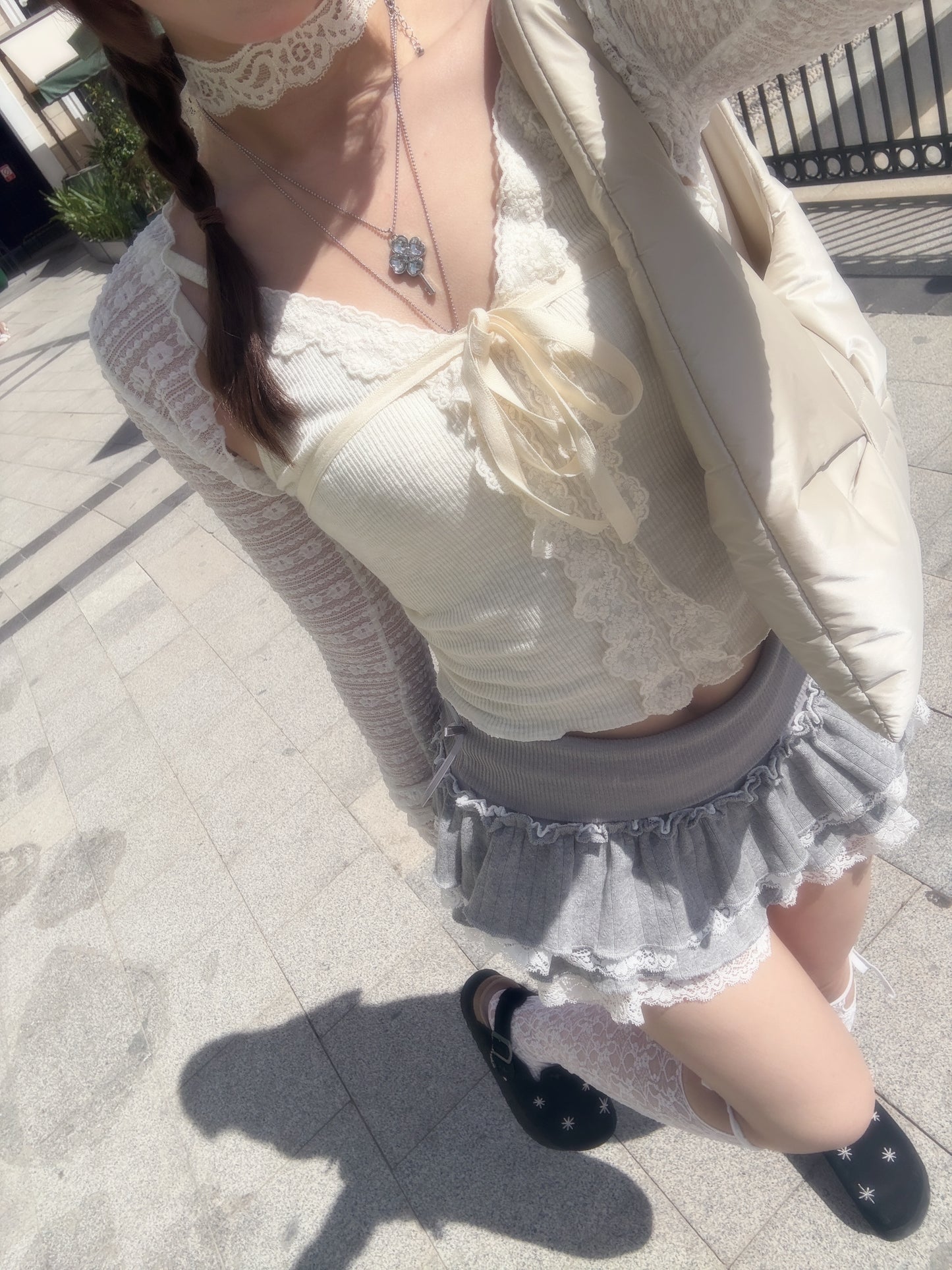 Premium Lace Layered Ruffle Mini Skirt with Bow details