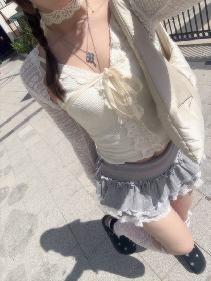 Premium Lace Layered Ruffle Mini Skirt with Bow details