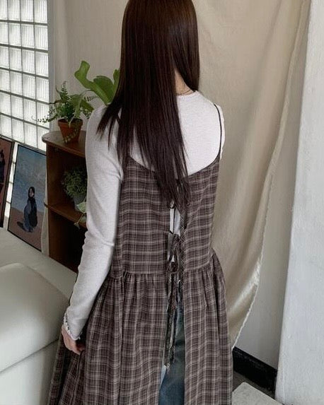 Ribbon Check 2 Way Layering Long Dress Ops