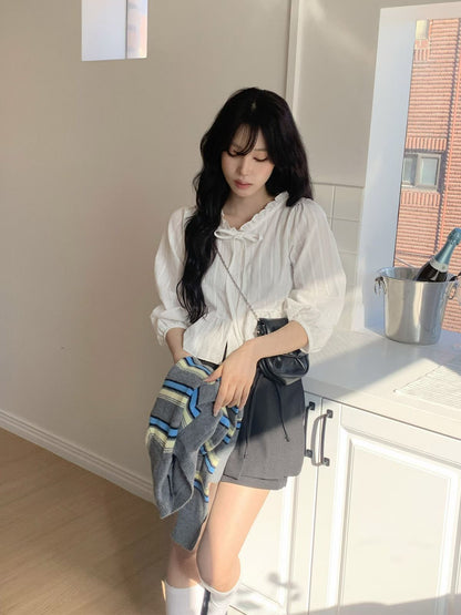 Ruffle Hem Long Sleeve Blouse with Ties