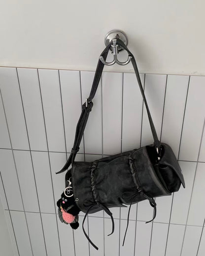 Black Designer Brand Ribbon Leather Shoulder Bag (Large/Mini)