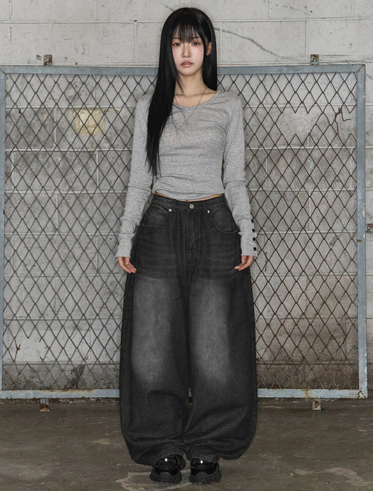 [LOOXP] Angel Wing Washed Back Pocket Balloon Wide Denim Pants Black Denim
