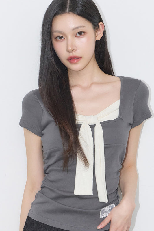 [ILLIGO] Layered Ribbon Tie T-shirt (3 Colours)