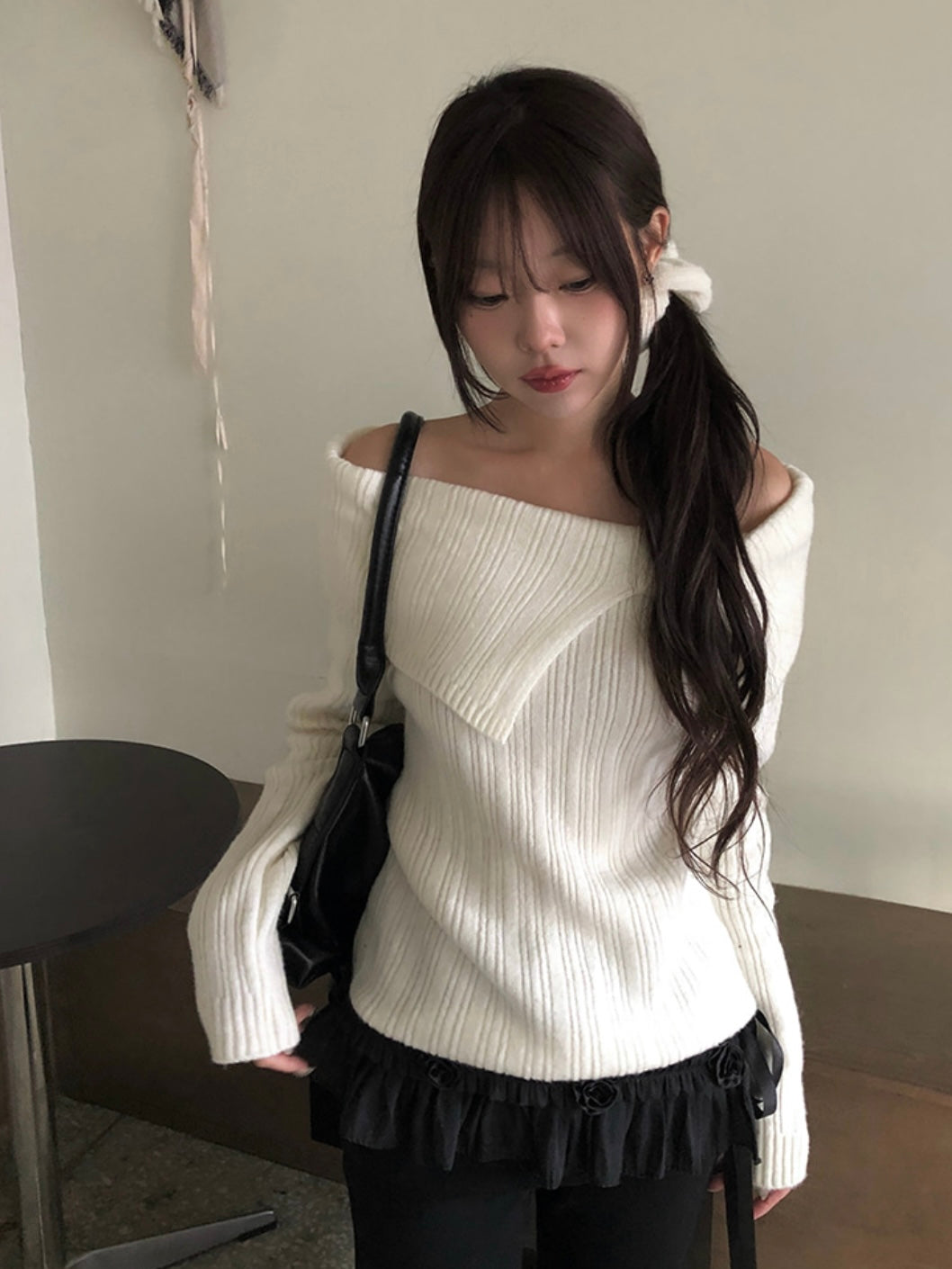 Two Collar Off Shoulder Knit Top