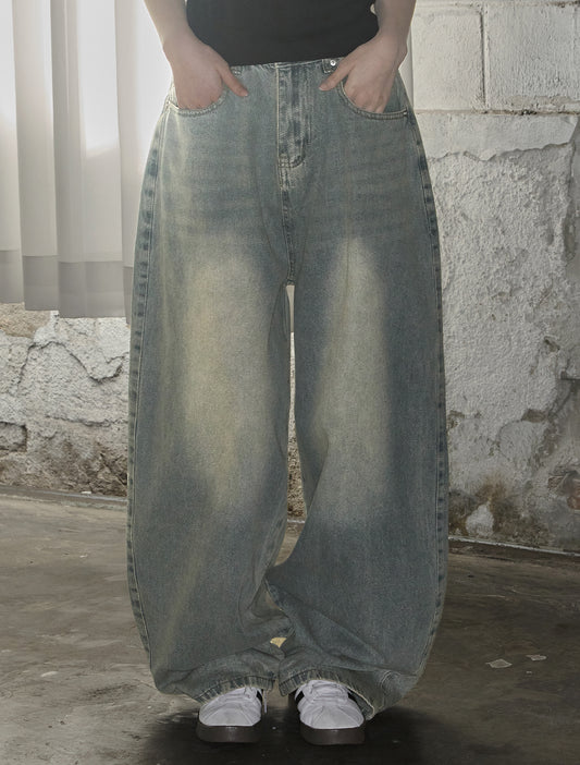 [LOOXP] Angel Wing Washed Back Pocket Balloon Wide Denim Pants Light Blue