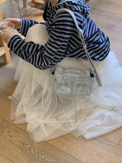 Grey Designer Brand Ribbon Leather Shoulder Bag (Large/Mini)