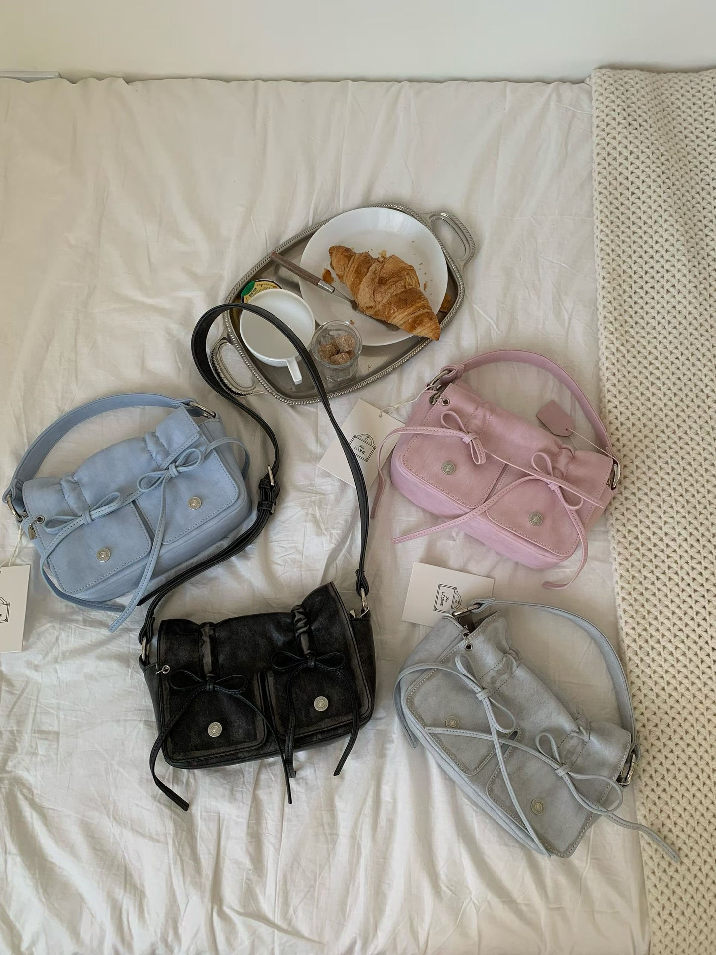 Pink Designer Brand Ribbon Leather Shoulder Bag (Large/Mini)