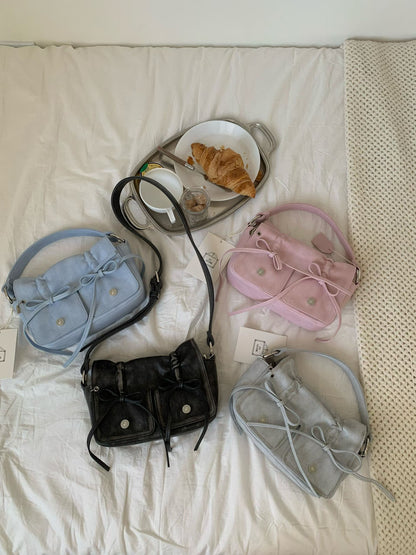 Pink Designer Brand Ribbon Leather Shoulder Bag (Large/Mini)