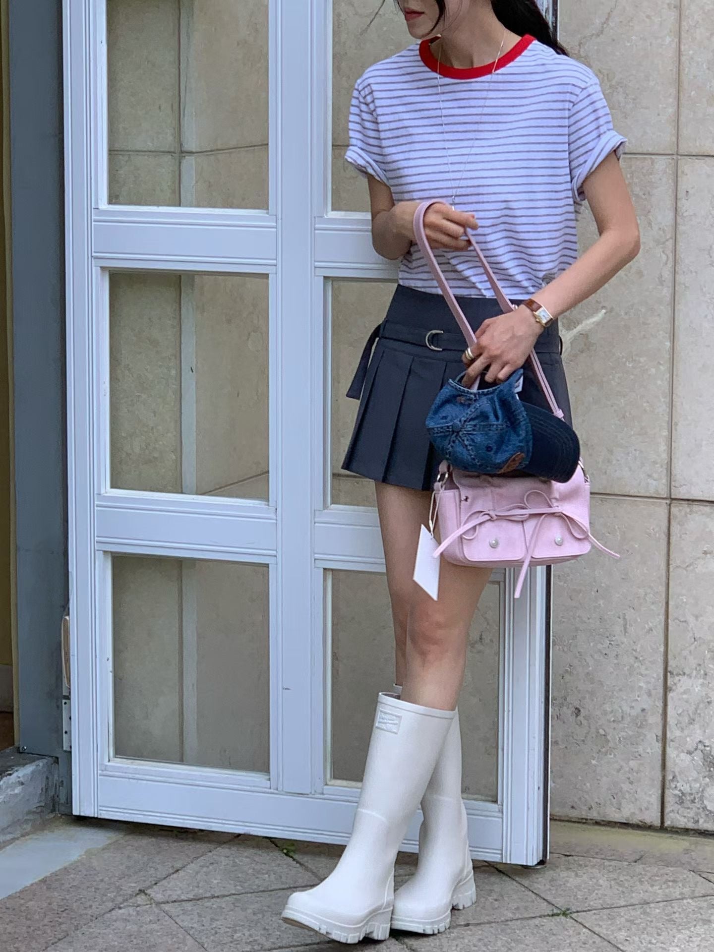 Pink Designer Brand Ribbon Leather Shoulder Bag (Large/Mini)