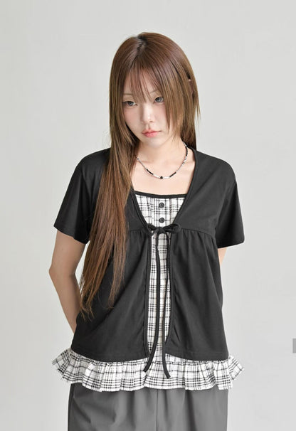 Pretty Check Color Layer Fake Cardigan Top