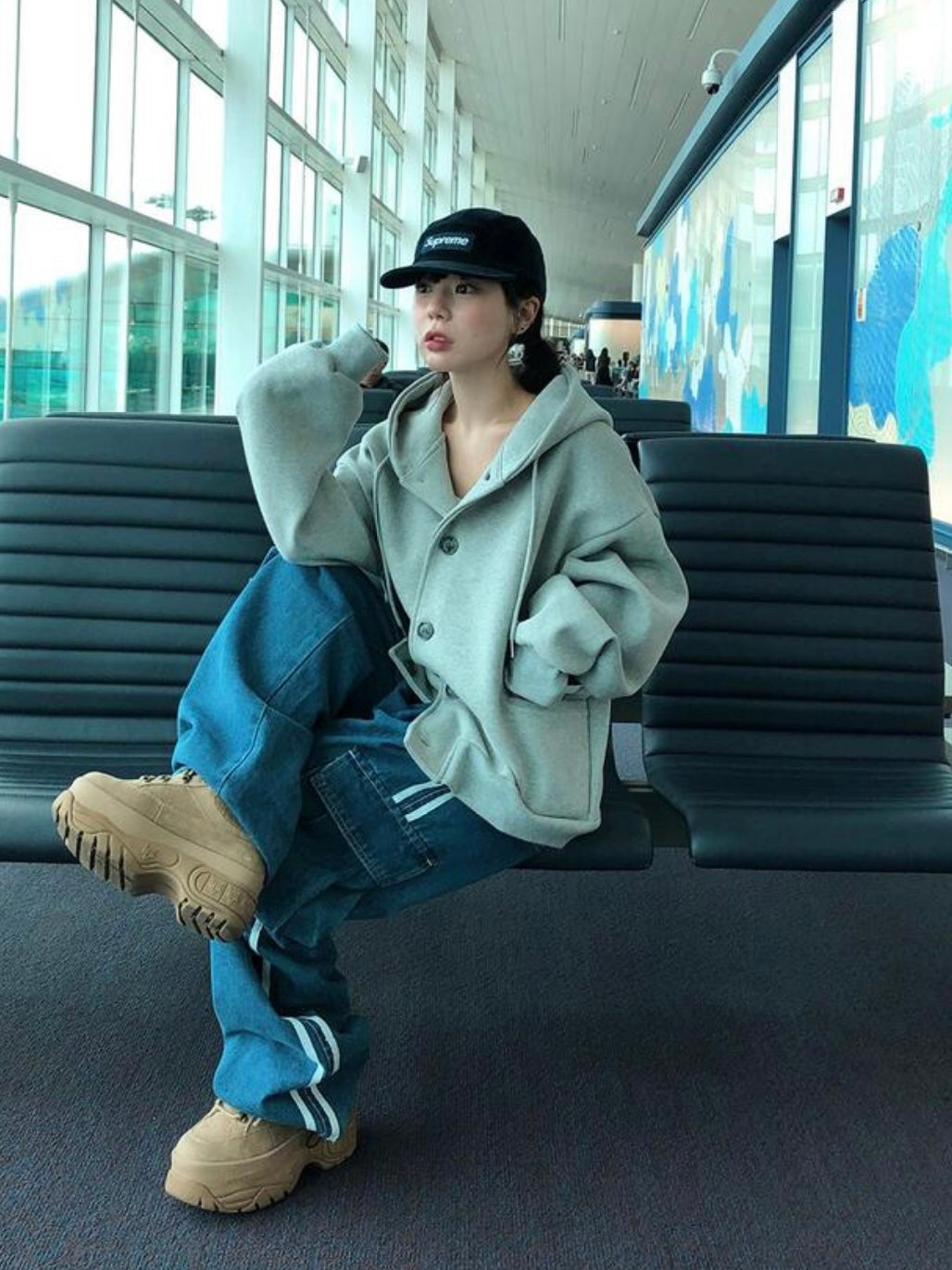 Oversized Double-Knit Button Hood Zip-Up