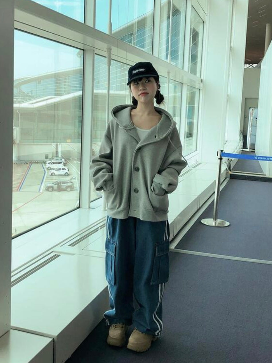 Oversized Double-Knit Button Hood Zip-Up