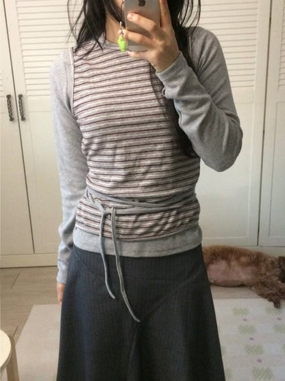 Striped Fake Two Piece Long Sleeve Tie Tee