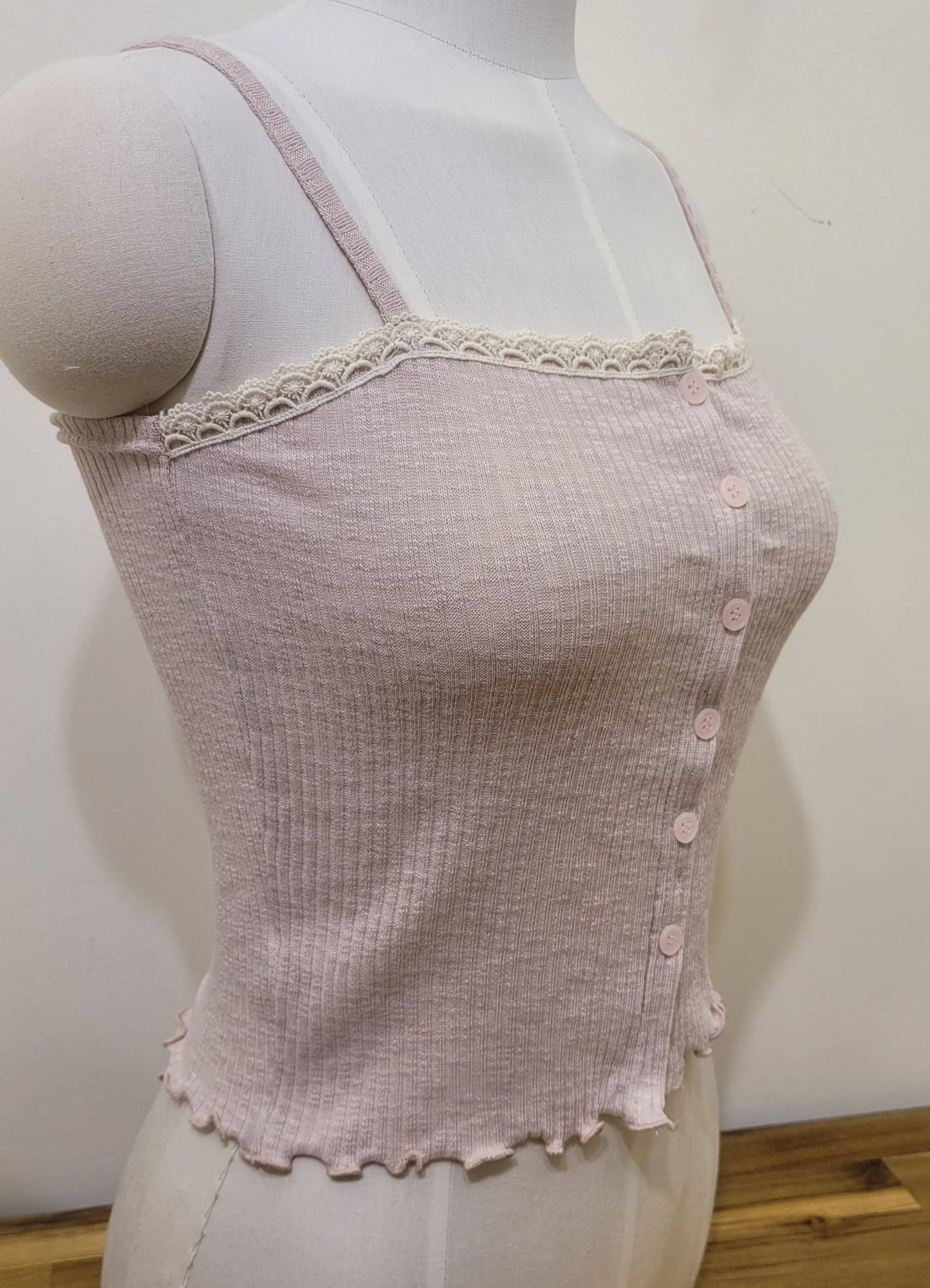 Soft Lace Trim Ribbed Fake Button Sleeveless Top (3 Colours)