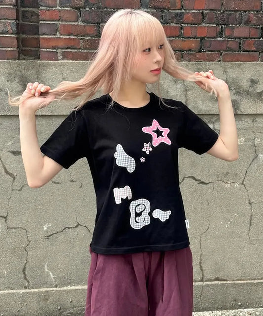 [Ambler] Angel & Star Elements Check Patch Short Sleeve T-shirt (Oversized/ Crop/ 2 Colours)