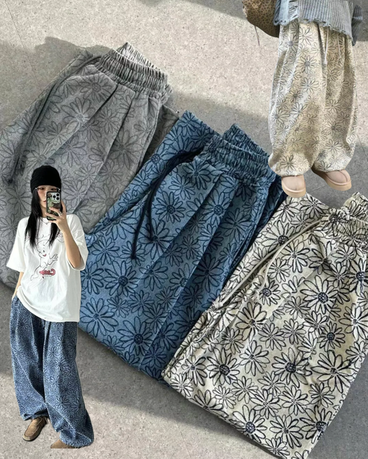 Unisex Floral pigment print loose-fit cotton one size pants