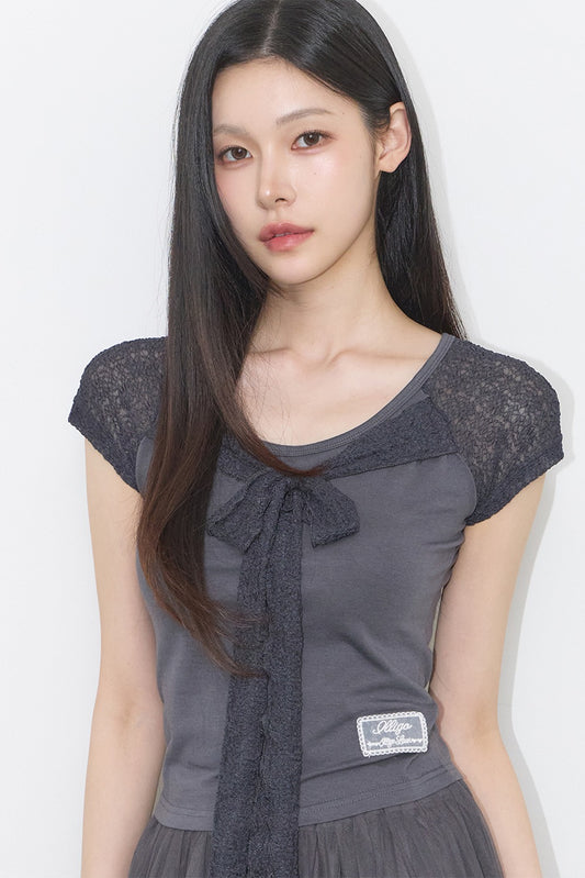 [ILLIGO]  Lace Ribbon Color Block T-shirt (3 Colours)