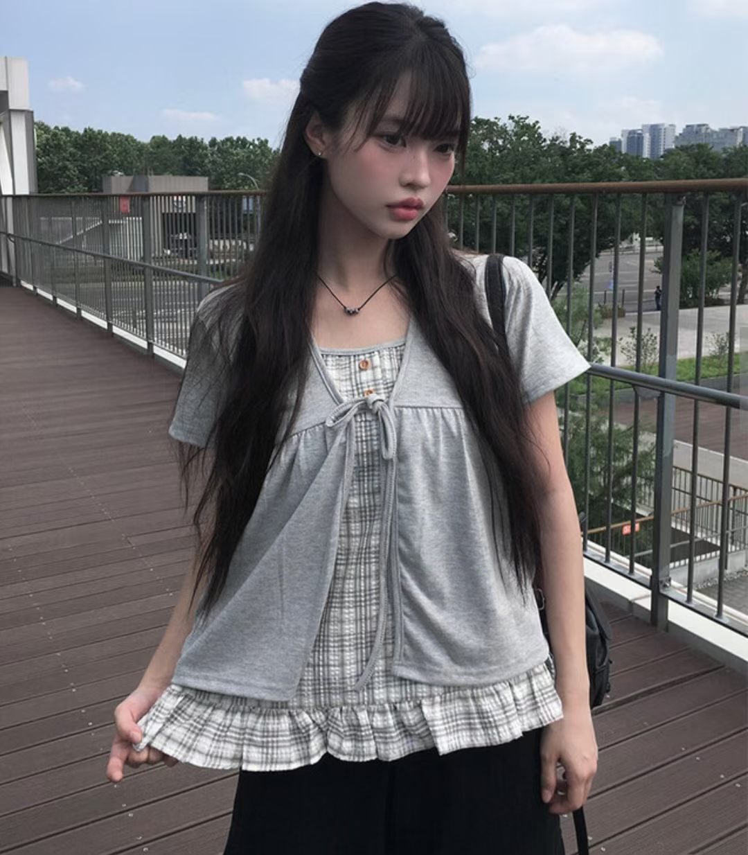 Pretty Check Color Layer Fake Cardigan Top