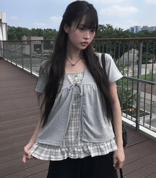 Pretty Check Color Layer Fake Cardigan Top