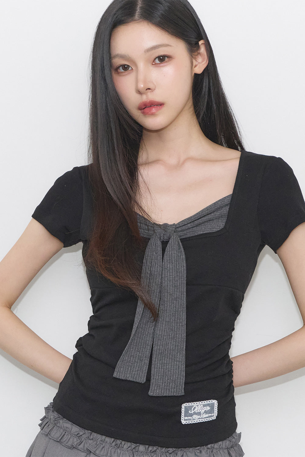 [ILLIGO] Layered Ribbon Tie T-shirt (3 Colours)